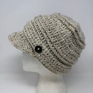 Screamer Womens Newsboy Hat Beige Gold Metallic Crochet Knit Fleece Lined Cabbie